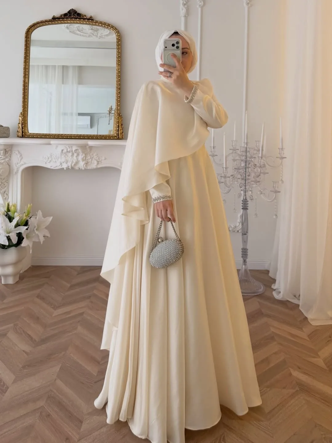 Champagne Satin Cape Gown