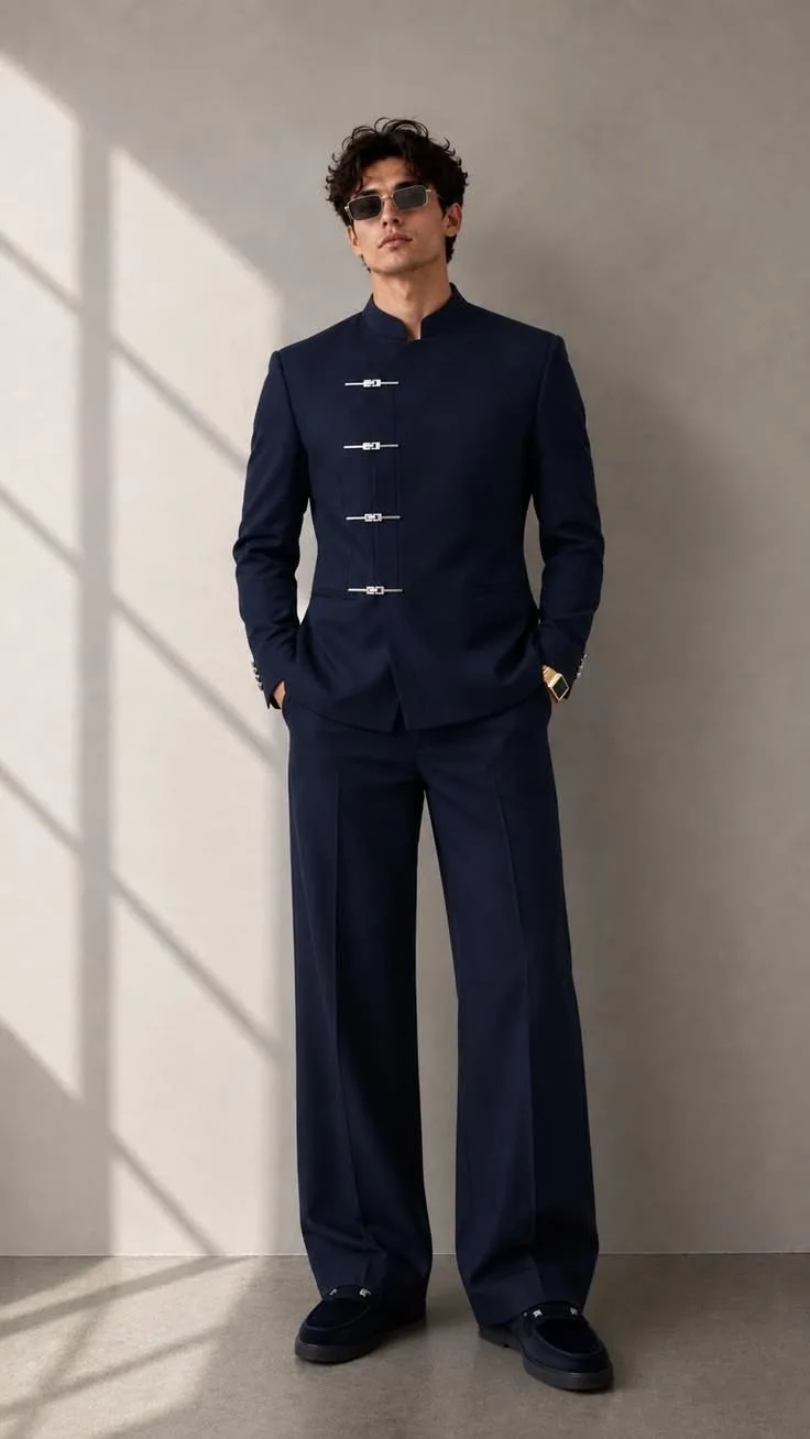 Navy Mandarin Collar Suit